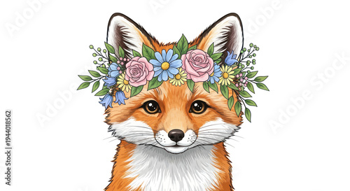 Cute Fox Wearing a Floral Crown, Whimsical Woodland Creature Portrait