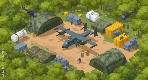 Military Helicopter on Dirt Airstrip Base.