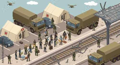 Military personnel and vehicles gathered.