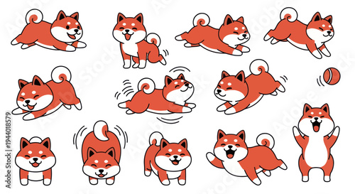 Cute Shiba Inu Dog Cartoon Set: Happy, Playful Poses