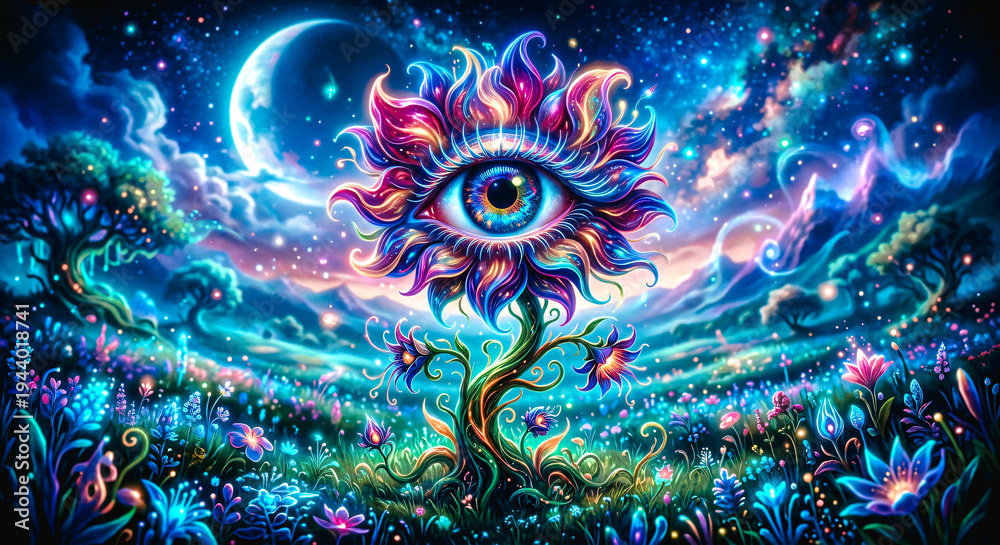 Fototapeta premium Paysage féérique avec fleur avec un oeil