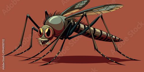 Vector illustration of a spider catching a fly and mosquito on a green leaf close up with small insects and antenna in a simple nature scene.