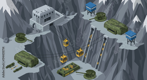 Military vehicles on mountain cliffside base.