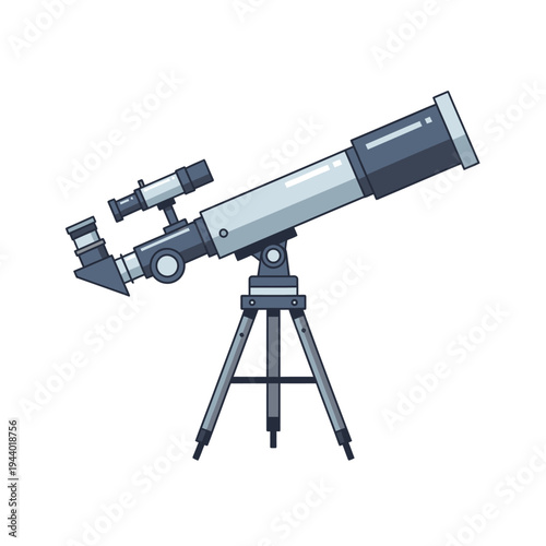 Telescope illustration on tripod with clear optics for astronomical observation