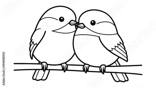 Two Cute Birds on a Branch, Black and White Line Art: A simple, charming illustration of two adorable birds perched together on a branch, depicted in a clean black and white line art style.