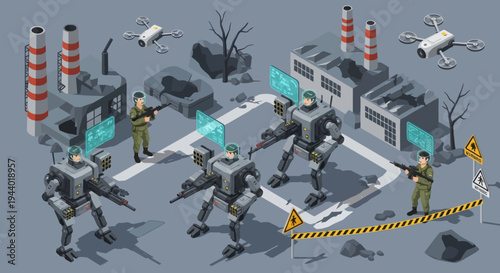 Robots standing in industrial area.