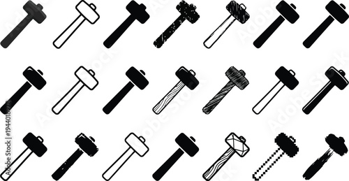 Collection of diverse sledgehammer icons with various styles and textures isolated on a white background
