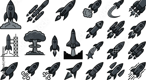Collection of diverse stylized rocket ships and spacecraft designs in various launch and flight configurations
