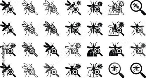 Collection of icons representing mosquitoes and viruses magnified under a magnifying glass with medical themes