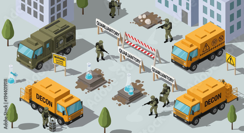 Soldiers and military vehicles on street.