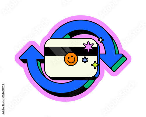 Processing payment neo brutalism pop-up UI overlay. Recurring transaction. Auto renewal. Account billing update. Isolated user interface element in neubrutalism style. Retro Y2K UX design shining