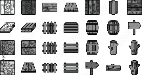 Collection of rustic wooden objects including planks fences barrels crates signs and tree stumps isolated on transparent background