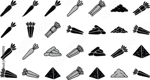 Collection of Simple Flat Icons Representing Carrots and Piles of Objects Isolated on a White Background