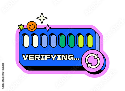 Verifying process neo brutalism pop-up UI overlay. Verification in progress status. KYC authentication pending. Isolated user interface element in neubrutalism style. Retro Y2K UX design shining