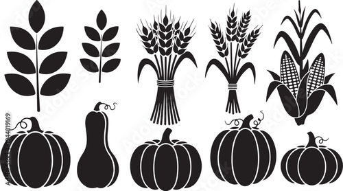Black and white autumn harvest icons and silhouettes collection