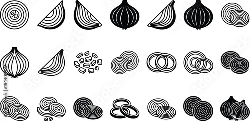 Collection of stylized black and white onion illustrations showing whole sliced and diced representations