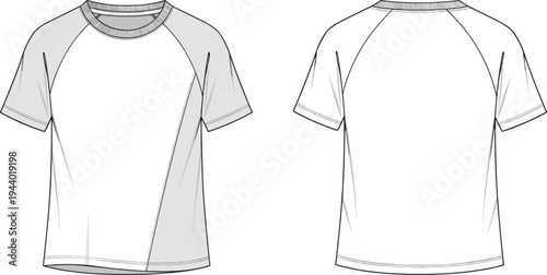 Raglan Sleeve T-Shirt Technical Flat Sketch Illustration Front and Back View White Vector Template for Apparel Design and Fashion Mockup