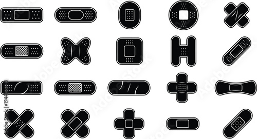 Collection of various black and white graphic icons representing different types of medical adhesive bandages