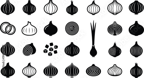 Collection of various black and white icons representing different stages of onions including whole bulbs and sliced sections