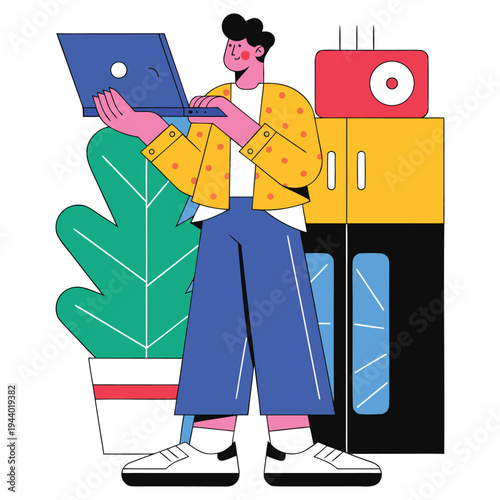 office worker standing and checking smartphone, corporate man character illustration