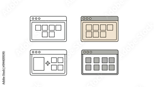 Four wireframe browser window icons in different shades of gray and beige on a white background.