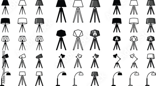 Collection of various floor lamp designs with tripod stands in a repeating pattern isolated on a white background