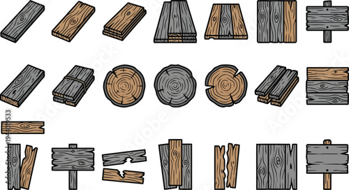 Collection of various illustrative wood materials including planks logs and signage isolated on transparent background