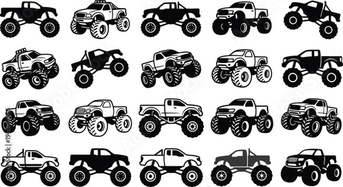 Collection of various monster truck designs with oversized wheels and lifted suspensions displayed in a grid