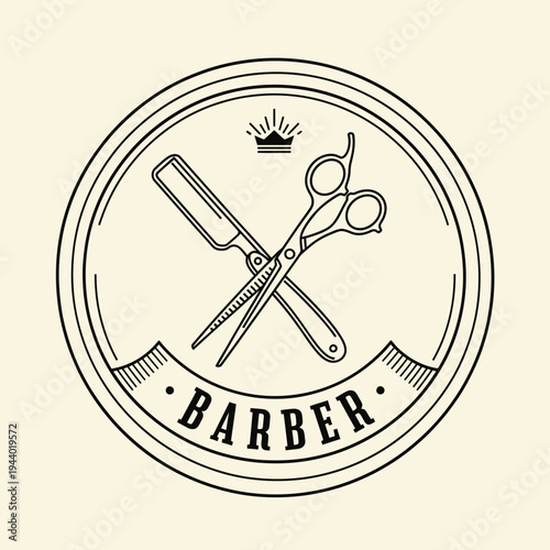 Barber Shop Emblem with Scissors and Straight Razor.