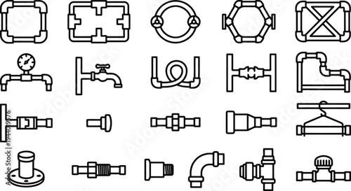 Collection of Various Plumbing Pipe Fittings and Fixtures Represented by Clean Line Art Icons