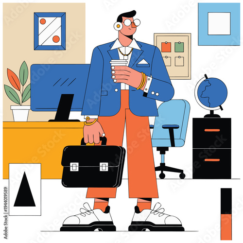 business man standing with tablet in hand, corporate employee character