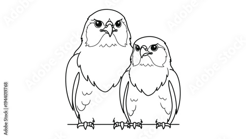 Two Birds of Prey Illustration: A black and white sketch of two majestic birds of prey, perhaps a parent and child, perched together.