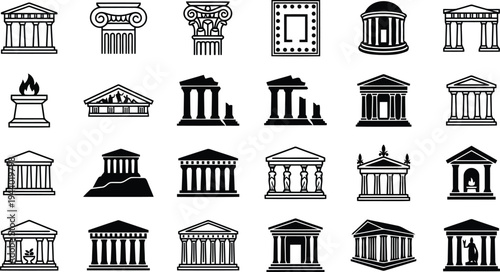 Vector illustration set of Greek landmarks with columns and black and white houses icons