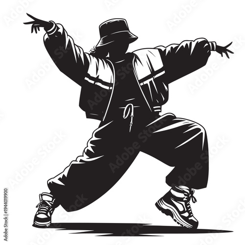 a black and white illustration of a man wearing a jacket, pants, and a hat, performing a dynamic dance move with his arms outstretched and legs bent