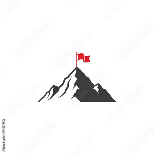 Red Flag on Mountain Peak Symbolizing Success and Achievement.