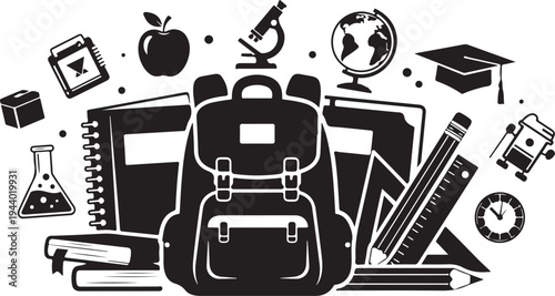School Supplies and Education Icons in Black and White