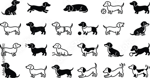 A delightful collection of dachshund dog icons showcasing various poses and actions isolated on transparent background