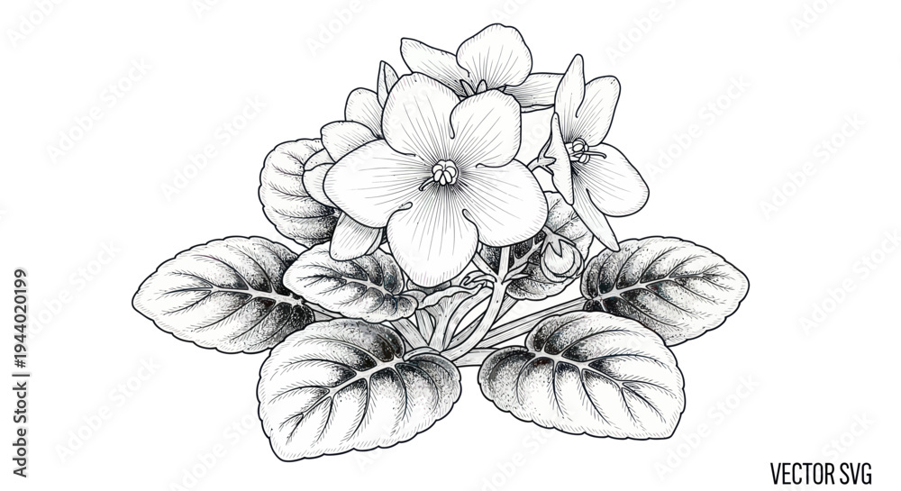 Obraz premium African Violet Flower Drawing Black and White Outline Vector Illustration