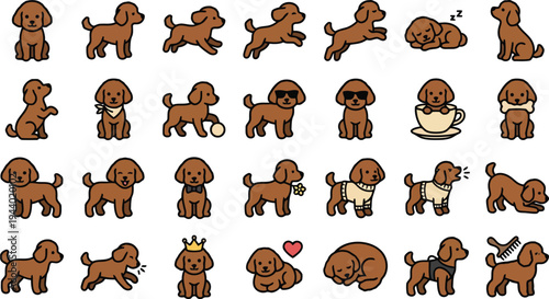 Collection of cute cartoon brown poodle dogs in various playful poses and activities on a clean white background