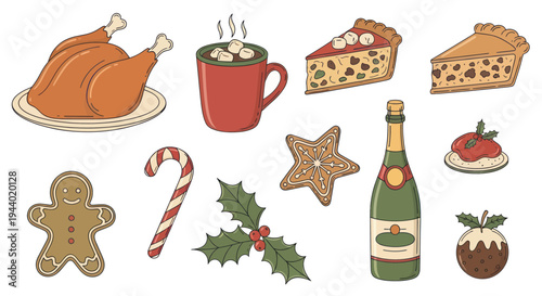 Christmas food and drink collection: turkey, pie, gingerbread, candy cane, pudding, champagne