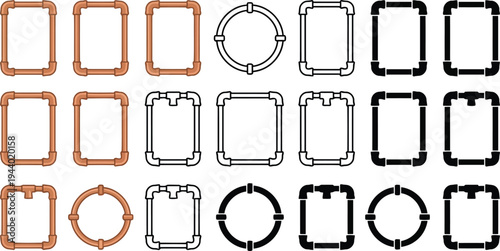 Collection of decorative frame designs resembling plumbing pipes in various shapes and colors isolated on white