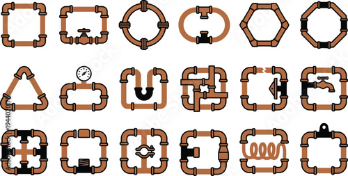 Collection of decorative pipe elements and plumbing system graphics forming various geometric shapes