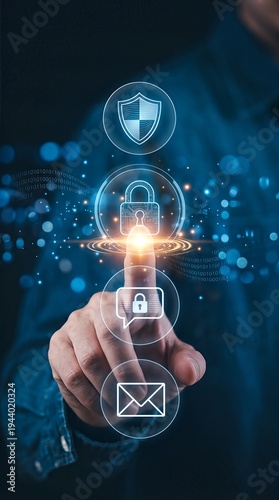 Hand interacts with digital security icons on a futuristic screen, conveying data protection and cybersecurity.