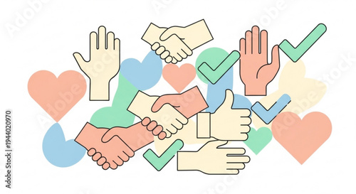 Hands shaking and thumbs up with hearts symbolizing partnership agreement and love in a colorful illustration