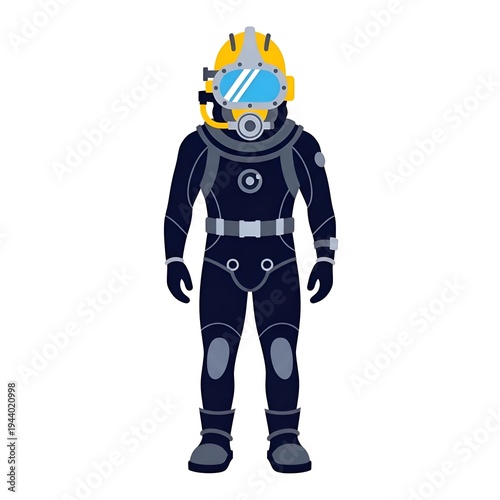 Diver Professional Avatar in a Flat Style Illustration Wearing a Classic Heavy Underwater Helmet and Dark Diving Suit Isolated on White Background