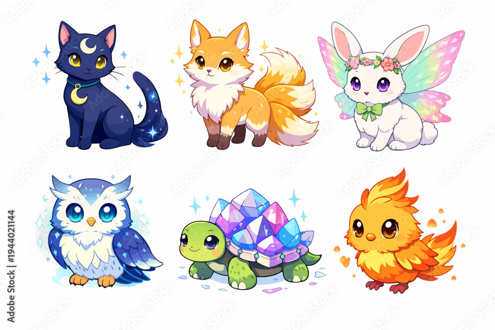 Fototapeta premium Cute fantasy animals: cat, fox, rabbit, owl, turtle, bird with magical elements