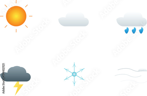Set of 6 weather icons vector, sunny, cloudy, rainy, stormy, snowy, windy