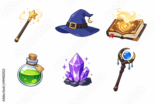 Magical items collection: wand, hat, spellbook, potion, crystal, staff