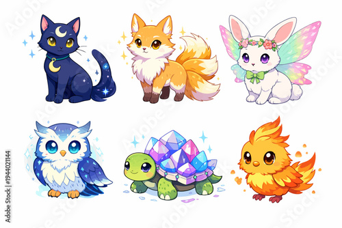 Cute fantasy animals: cat, fox, rabbit, owl, turtle, bird with magical elements