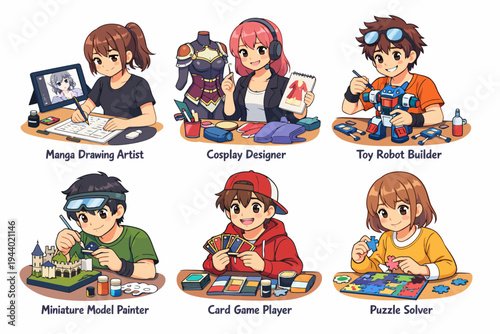 Manga artists and hobby enthusiasts in creative activities